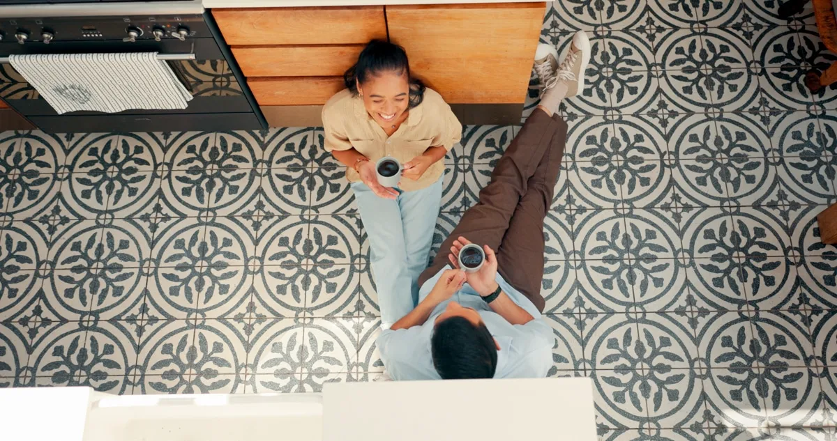 Patterned tile floor in a kitchen